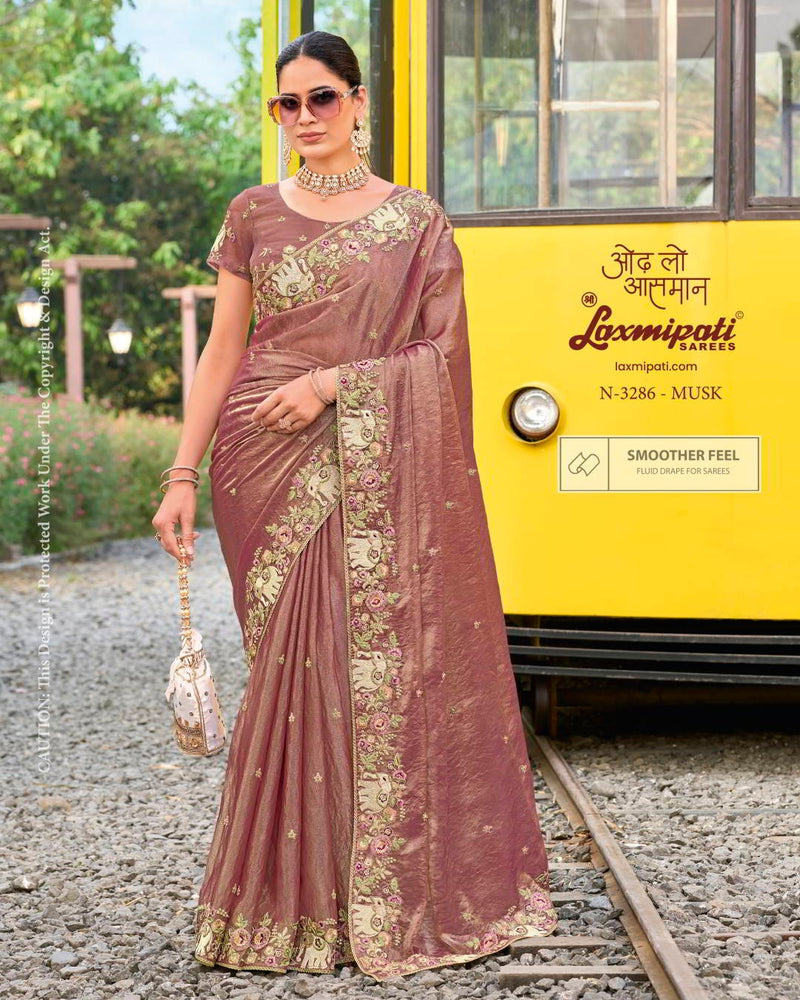 Luxe Mauve Shimmer Saree with Regal Elephant Motif Embroidery