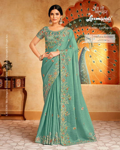Serene Seafoam Green Saree with Intricate Multi-Color Thread Work