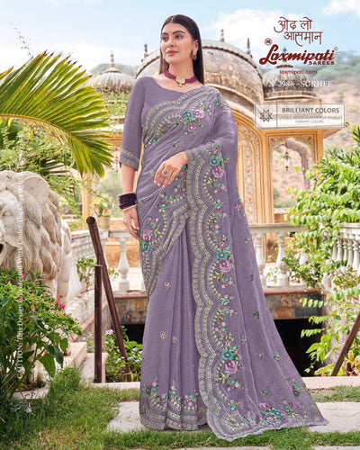 Graceful Dusty Lavender Saree with Scalloped Floral Vine Border