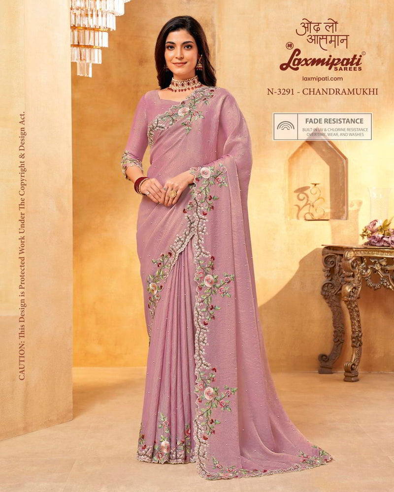 Dreamy Rose Pink Georgette Saree with Winding Floral Vine Embroidery
