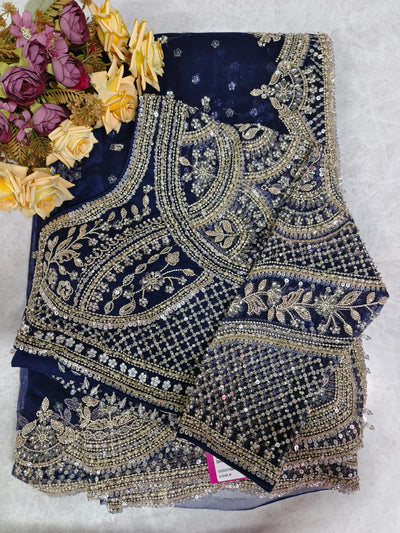 Royal Midnight Navy Blue Designer Saree with Heavy Silver Sequin Work