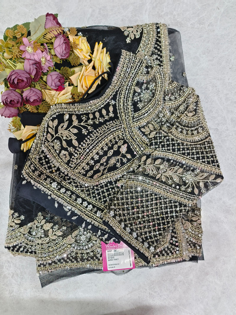 Royal Midnight Navy Blue Designer Saree with Heavy Silver Sequin Work