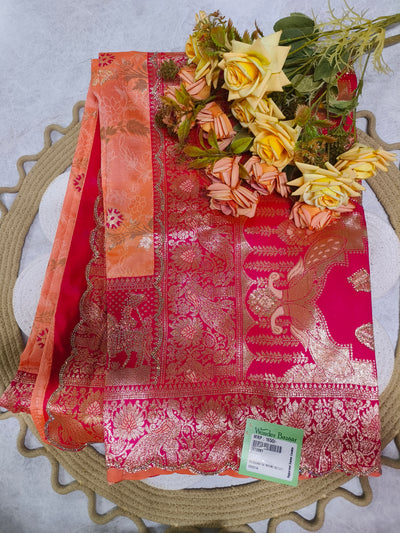 Majestic Hot Pink Banarasi Silk Saree with Gold Zari Peacock Borders