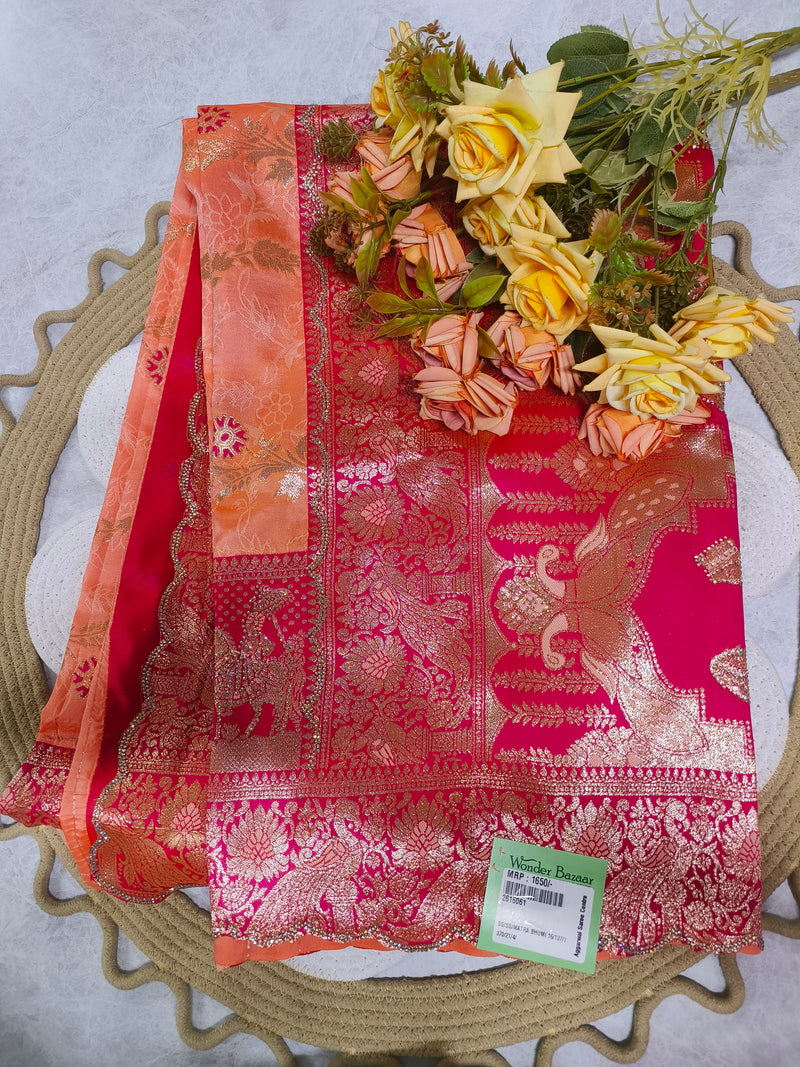 Majestic Hot Pink Banarasi Silk Saree with Gold Zari Peacock Borders