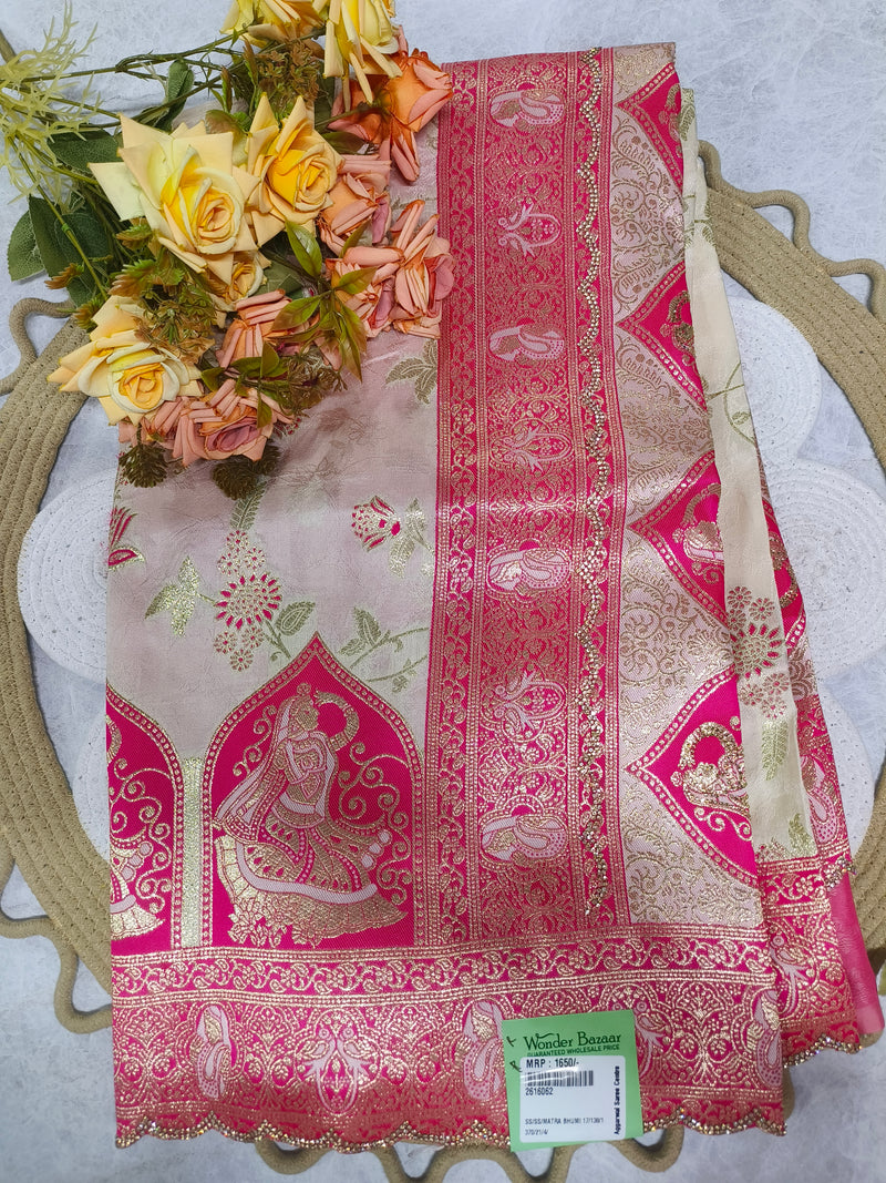 Majestic Beige and Magenta Banarasi Silk Saree with Gold Zari