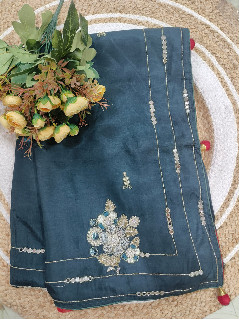 Teal Blue Silk Blend Saree with Floral Embroidery and Mirror Work