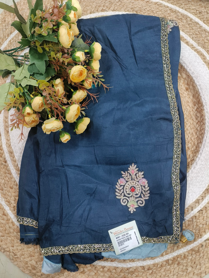Royal Navy Blue Satin Silk Saree with Zardosi Floral Medallion