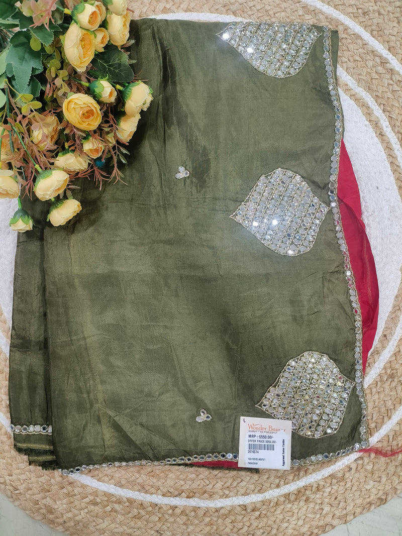 Olive Green Festive Saree with Geometric Mirror Work Accents