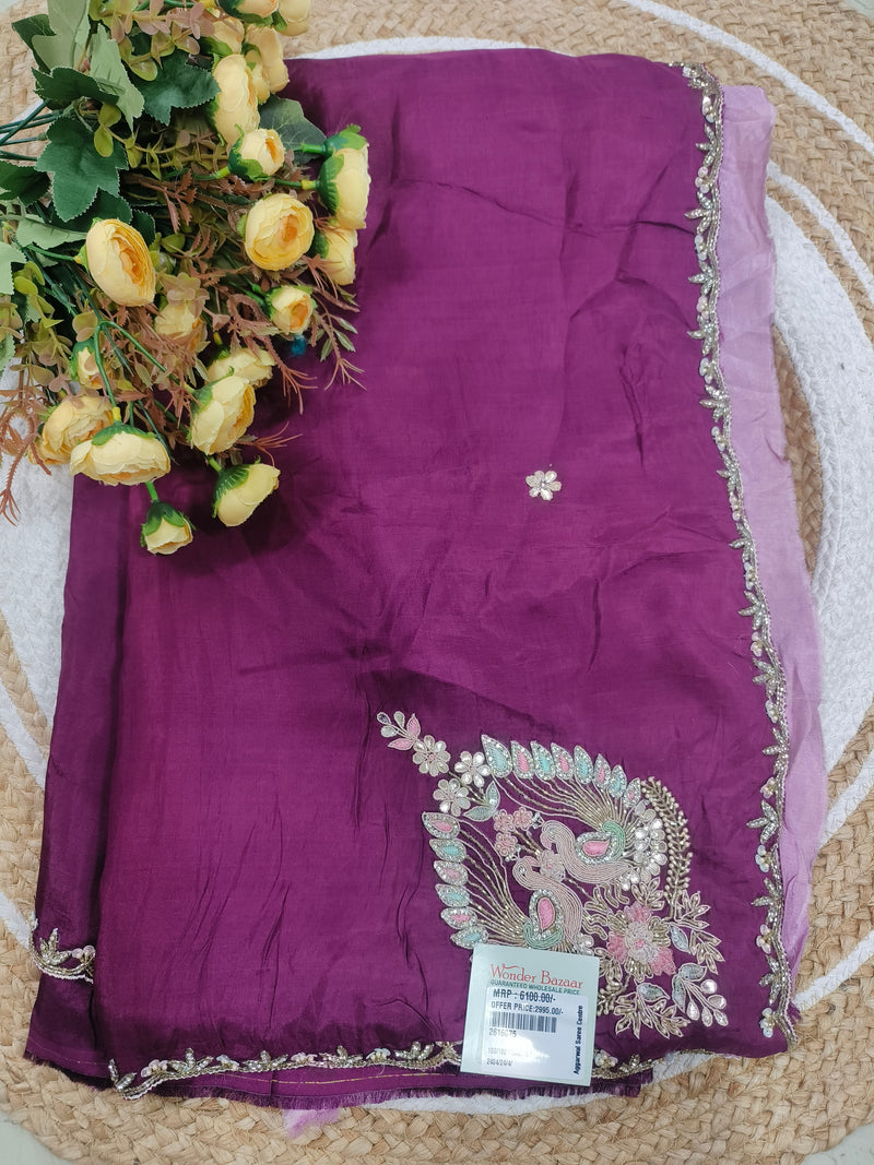 Deep Magenta Purple Saree with Majestic Peacock Resham Work