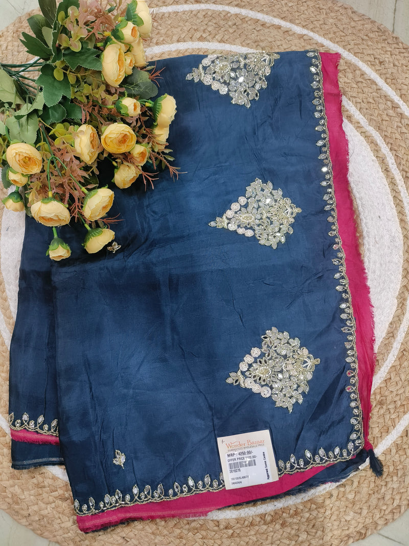 Navy Blue Silk Saree with Geometric Mirror & Stone Embellishments