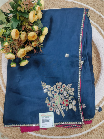 Midnight Navy Saree with Hand-Embroidered Parrot & Floral Art