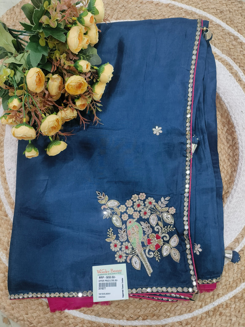 Midnight Navy Saree with Hand-Embroidered Parrot & Floral Art