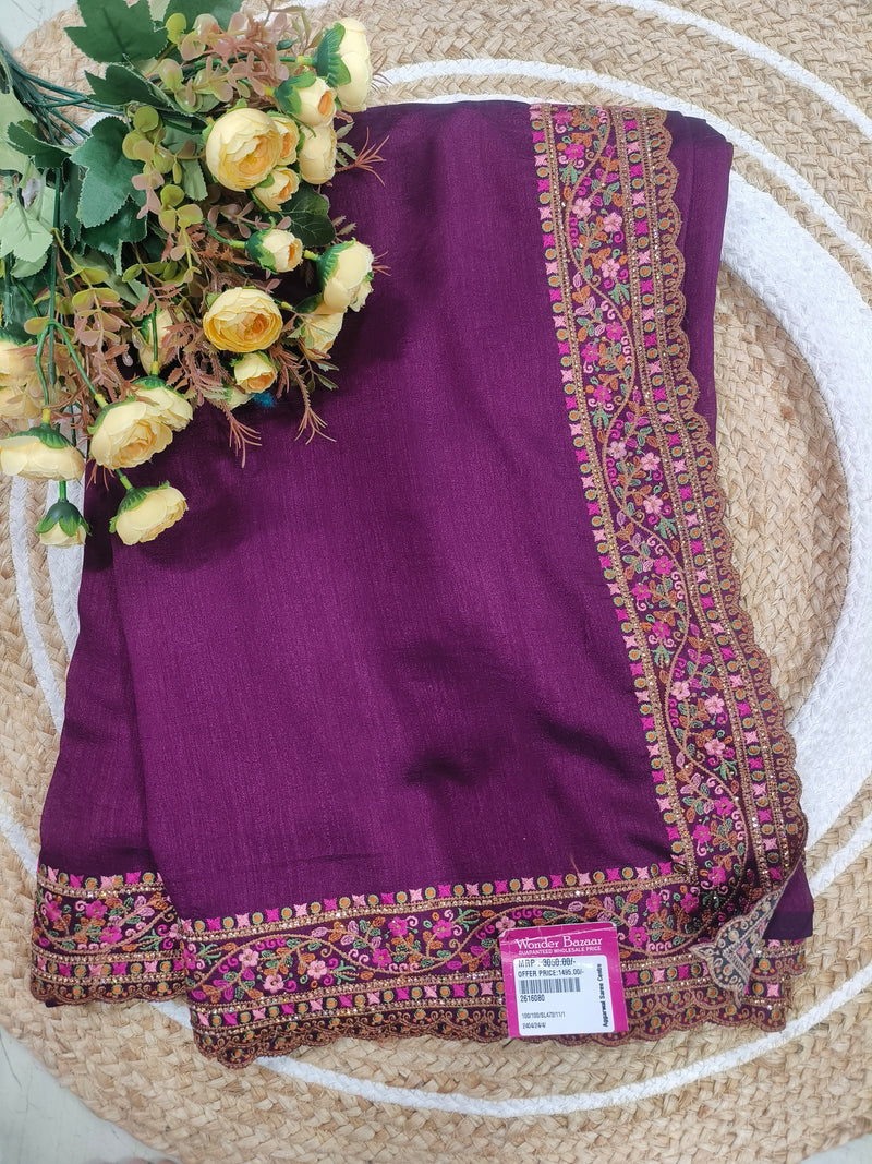 Elegant Deep Magenta Georgette Saree with Floral Embroidery Border