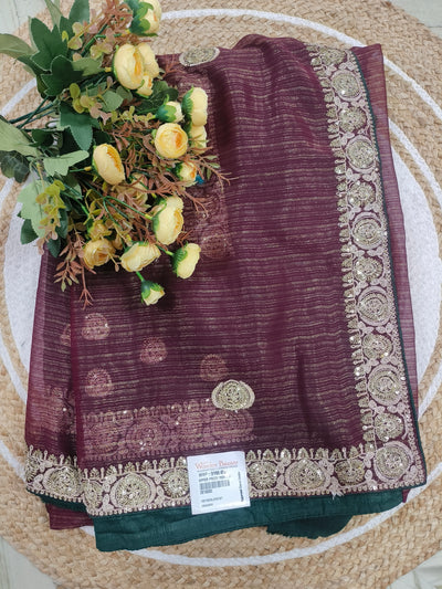 Exquisite Wine Shimmer Saree with Heavy Gold Sequin Border