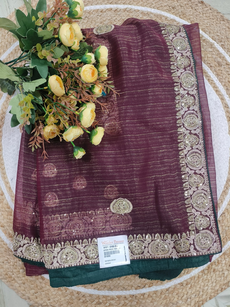 Exquisite Wine Shimmer Saree with Heavy Gold Sequin Border