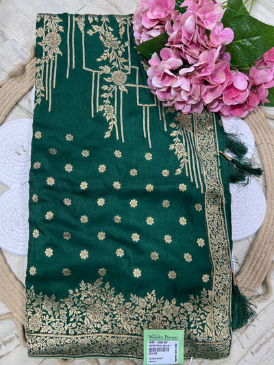 Timeless Bottle Green Banarasi Silk Saree with Gold Zari Floral Buttis