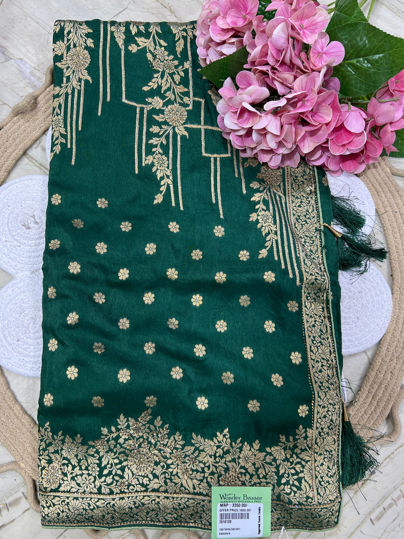 Timeless Bottle Green Banarasi Silk Saree with Gold Zari Floral Buttis
