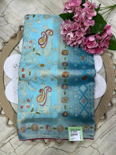 Enchanting Sky Blue Banarasi Silk Saree with Multicolored Resham and Zari