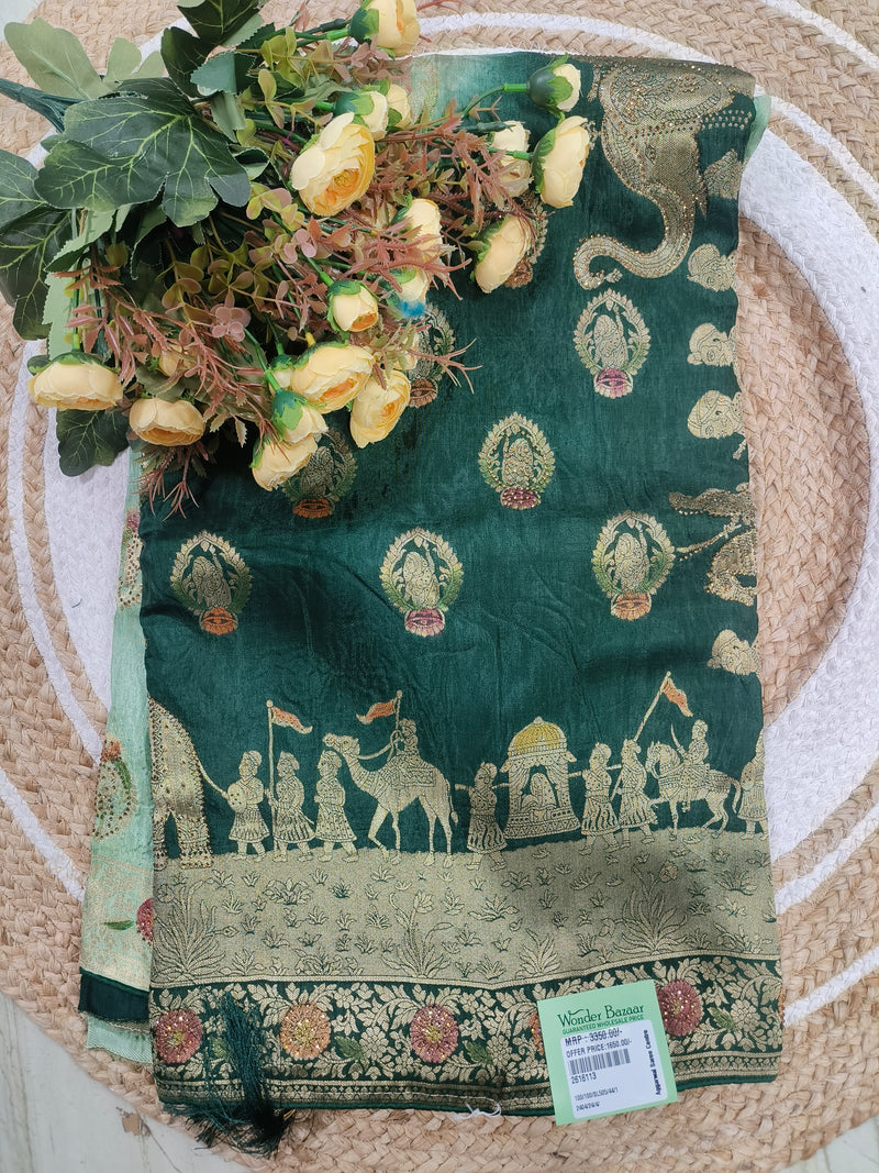 Regally Embroidered Emerald Green Saree with Royal Procession Heritage Art