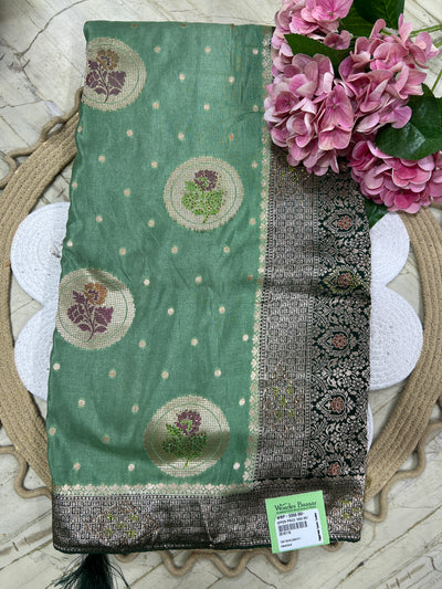 Graceful Sage Green Saree with Circular Floral Medallions and Intricate Zari