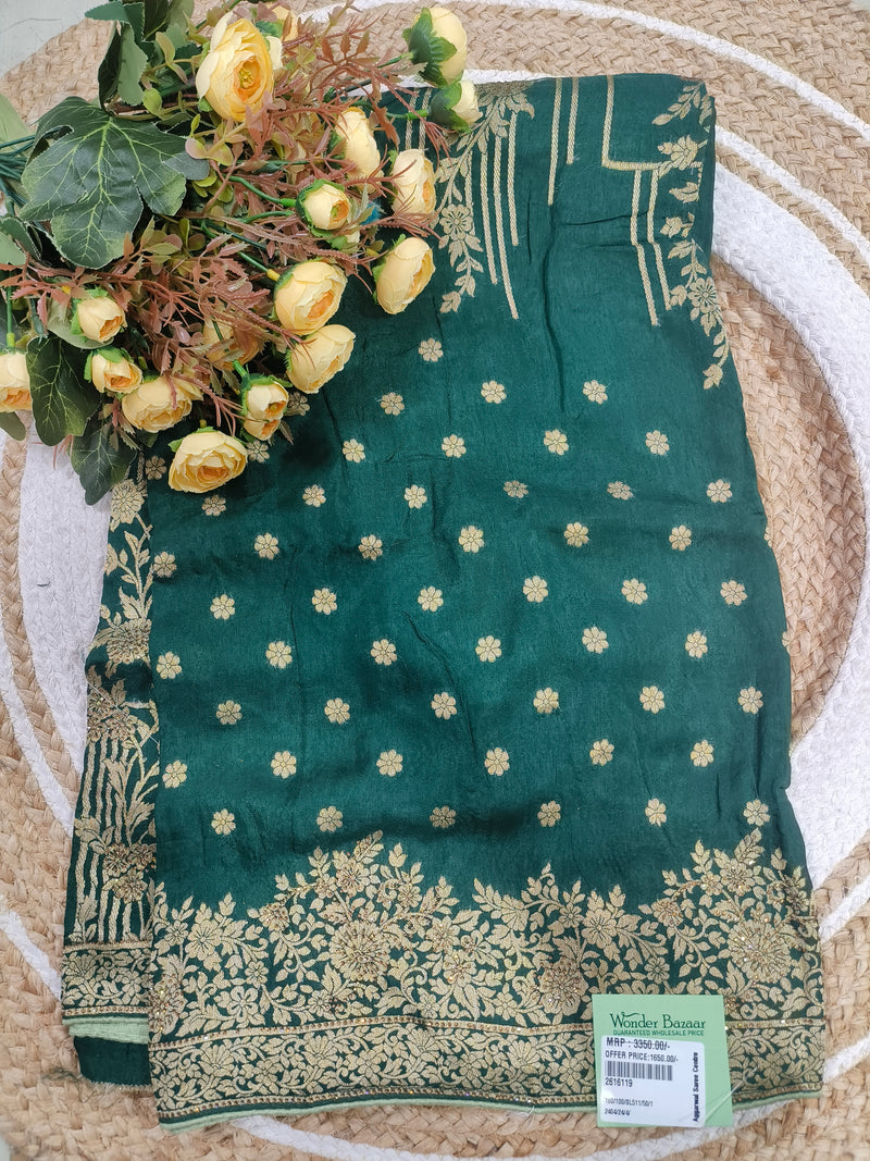 Regal Bottle Green Silk Saree with Golden Floral Embroidery