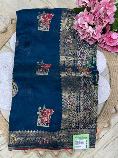 Royal Blue Art Silk Saree with Traditional Red and Gold Figure Embroidery