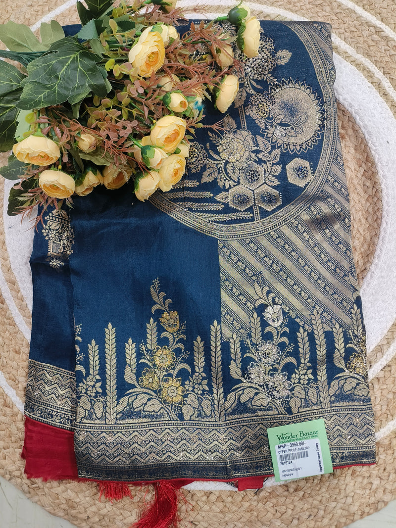 Luxurious Midnight Blue Saree with Intricate Gold Zari Pallu and Floral Art