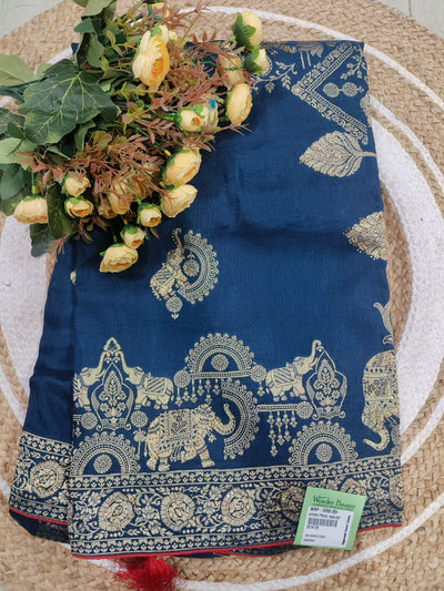 Sophisticated Navy Blue Silk Saree with Golden Heritage Motifs
