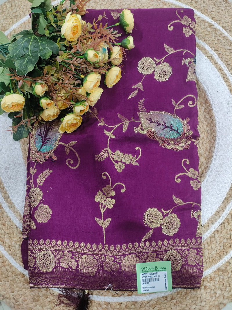 Regal Wine Purple Silk Saree with Gold Zari Floral Buttis and Paisley Border