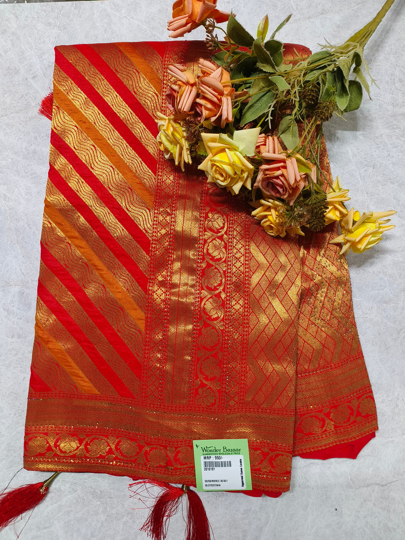 Vibrant Red and Orange Silk Saree with Traditional Gold Zari Leheriya Work