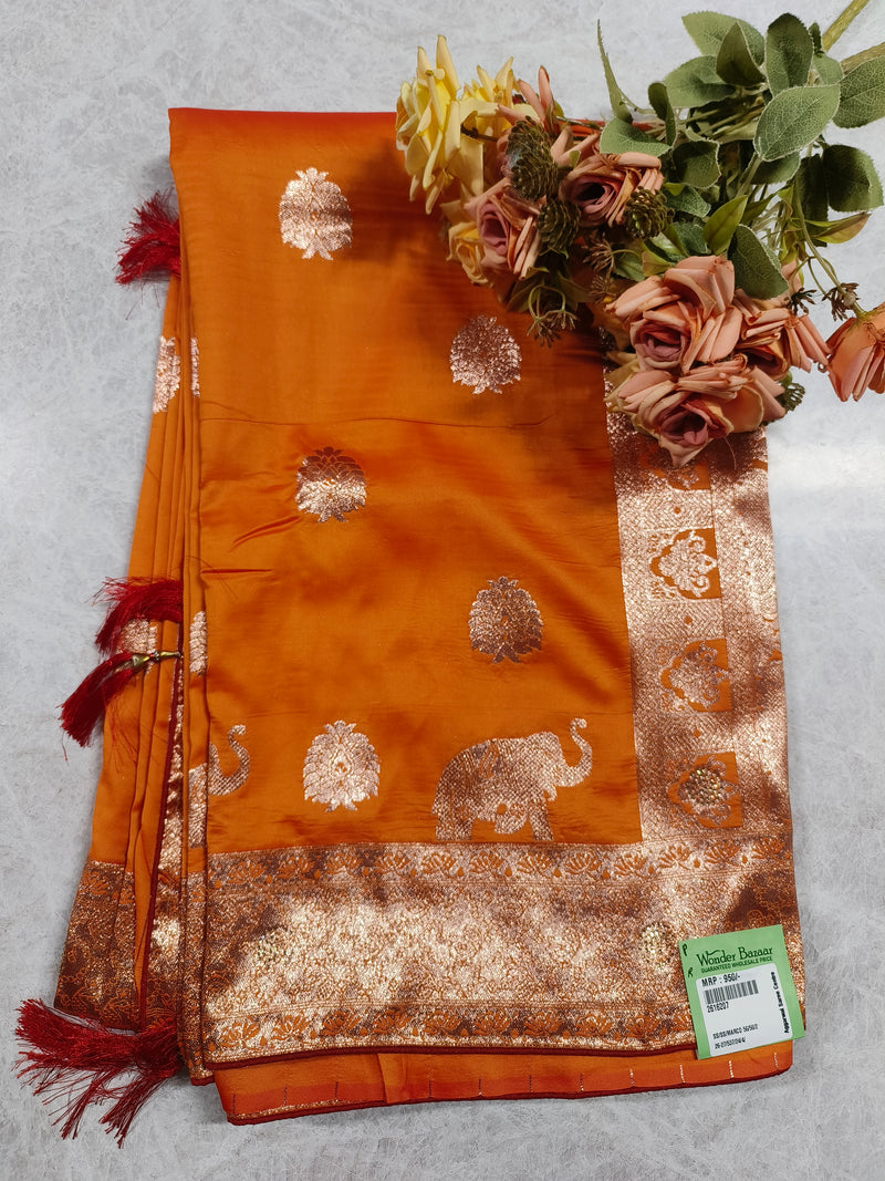 Vibrant Orange Silk Saree with Gold Zari Elephant Motifs