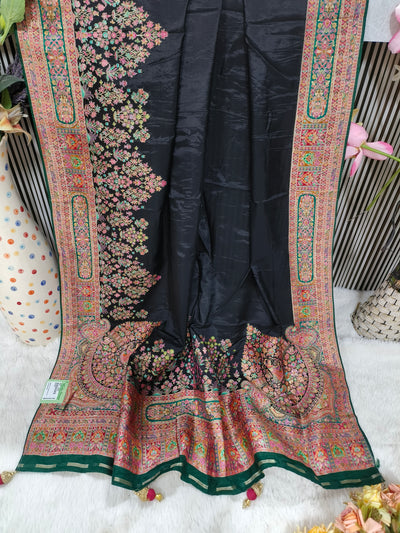 Midnight Black Art Silk Saree with Vibrant Kashmiri Floral Embroidery