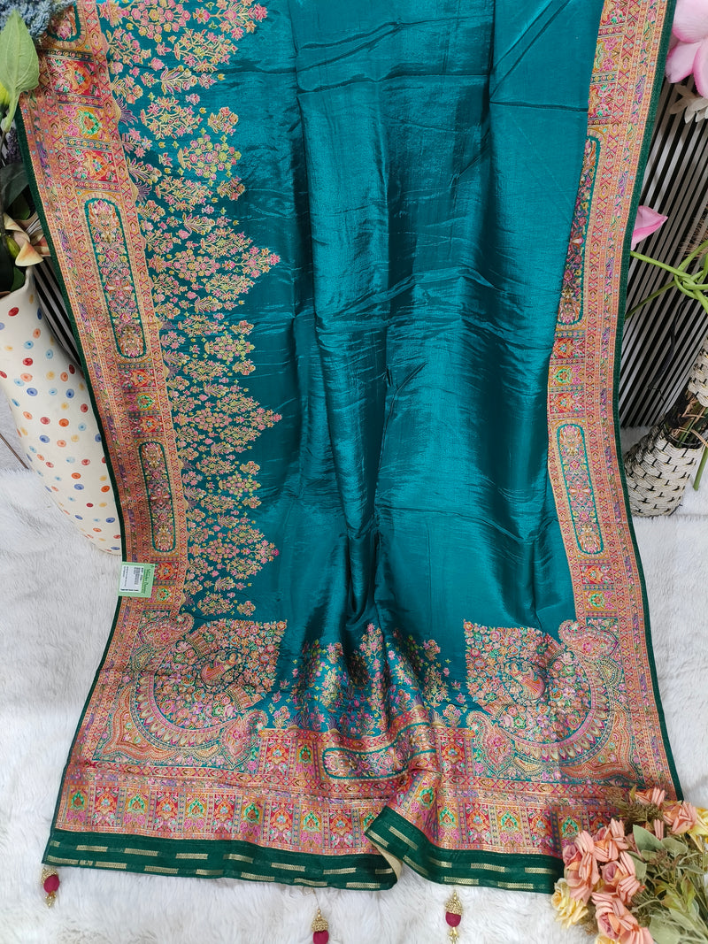 Midnight Black Art Silk Saree with Vibrant Kashmiri Floral Embroidery