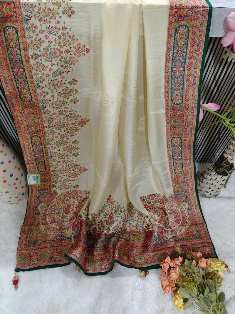 Midnight Black Art Silk Saree with Vibrant Kashmiri Floral Embroidery