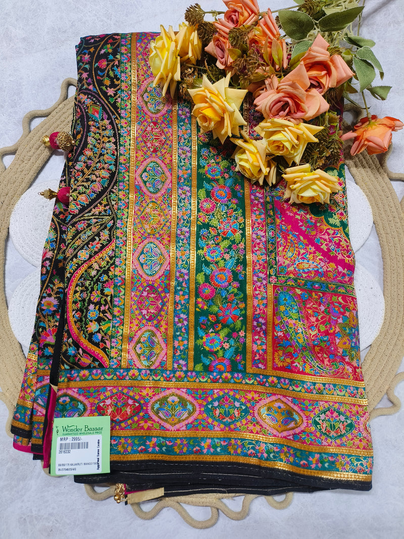 Vibrant Yellow Multi-Color Printed Silk Saree with Traditional Floral Motifs