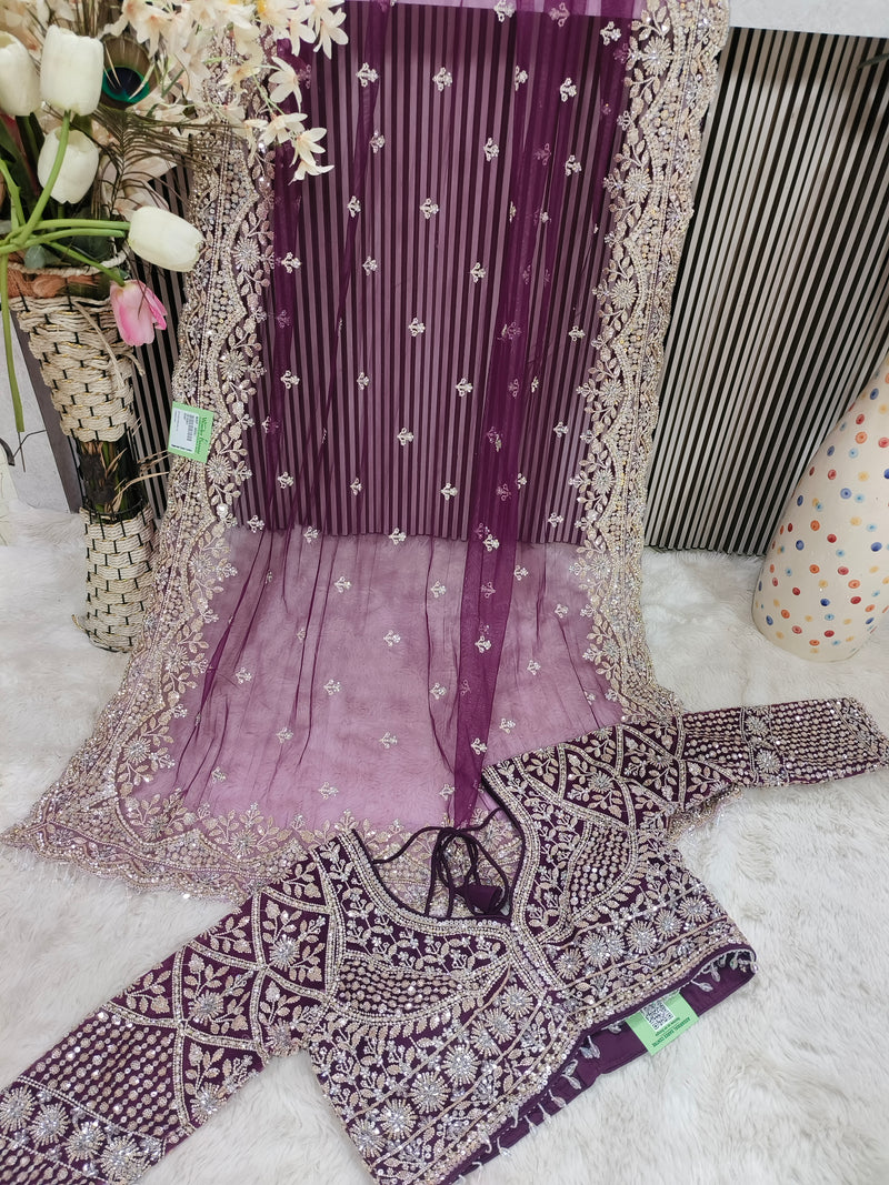 Royal Wine Purple Designer Saree with Heavy Embroidery & Blouse