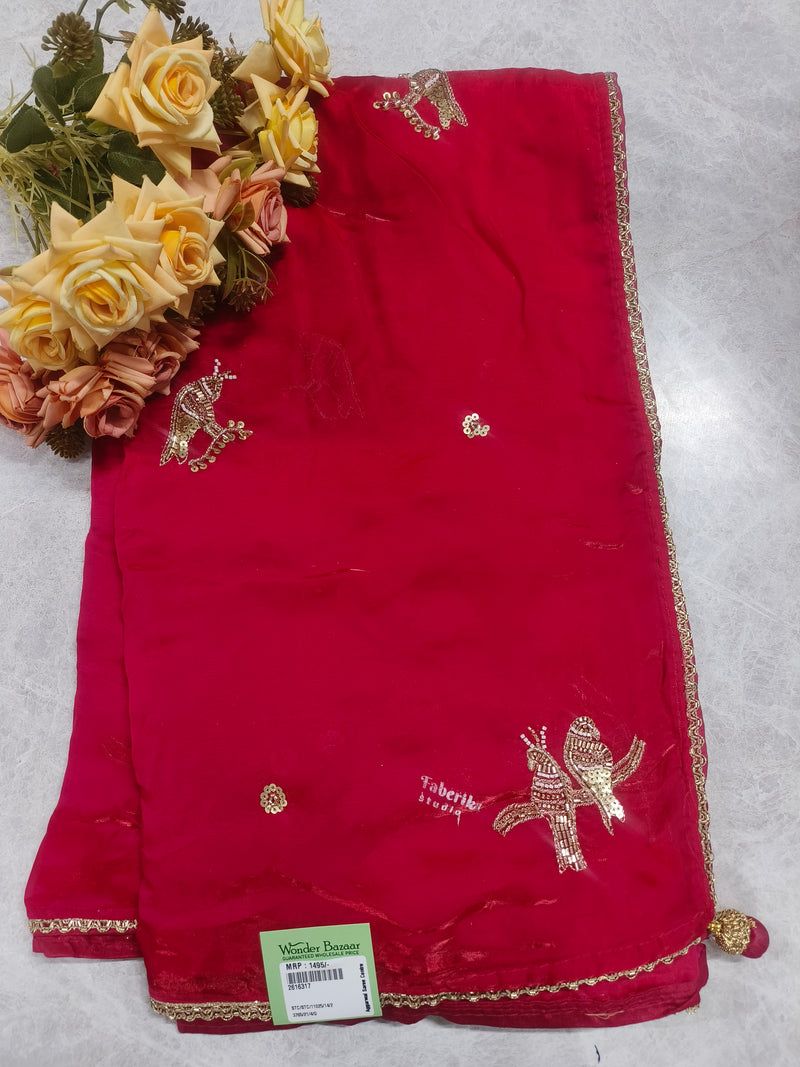 Radiant Crimson Red Georgette Saree with Sequin Bird Motifs