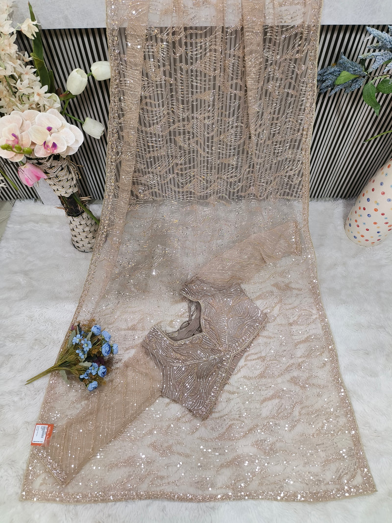 Glamorous Lavender Sequence Net Saree with Matching Designer Blouse