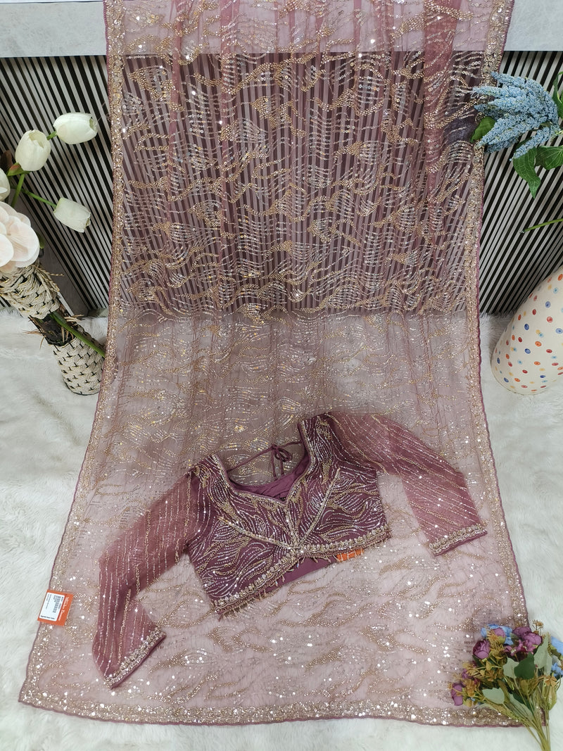 Glamorous Lavender Sequence Net Saree with Matching Designer Blouse
