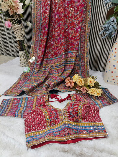 Traditional Kashmiri Print Silk Saree with Designer Blouse