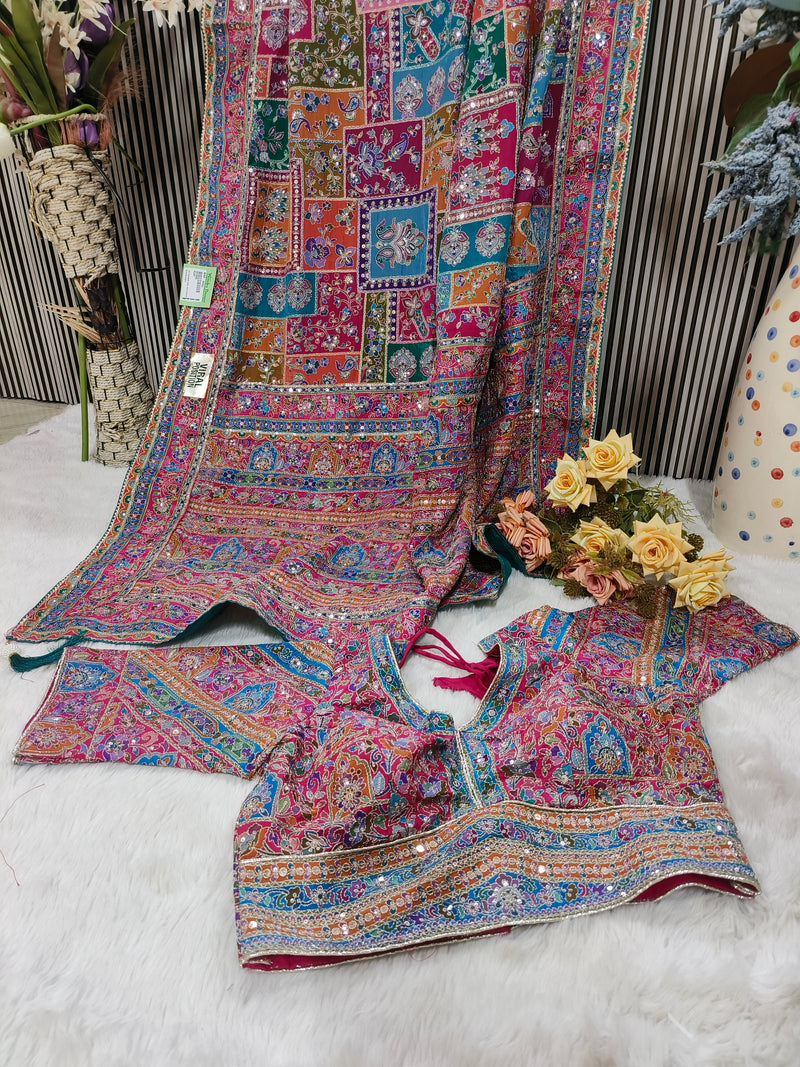 Traditional Kashmiri Print Silk Saree with Designer Blouse