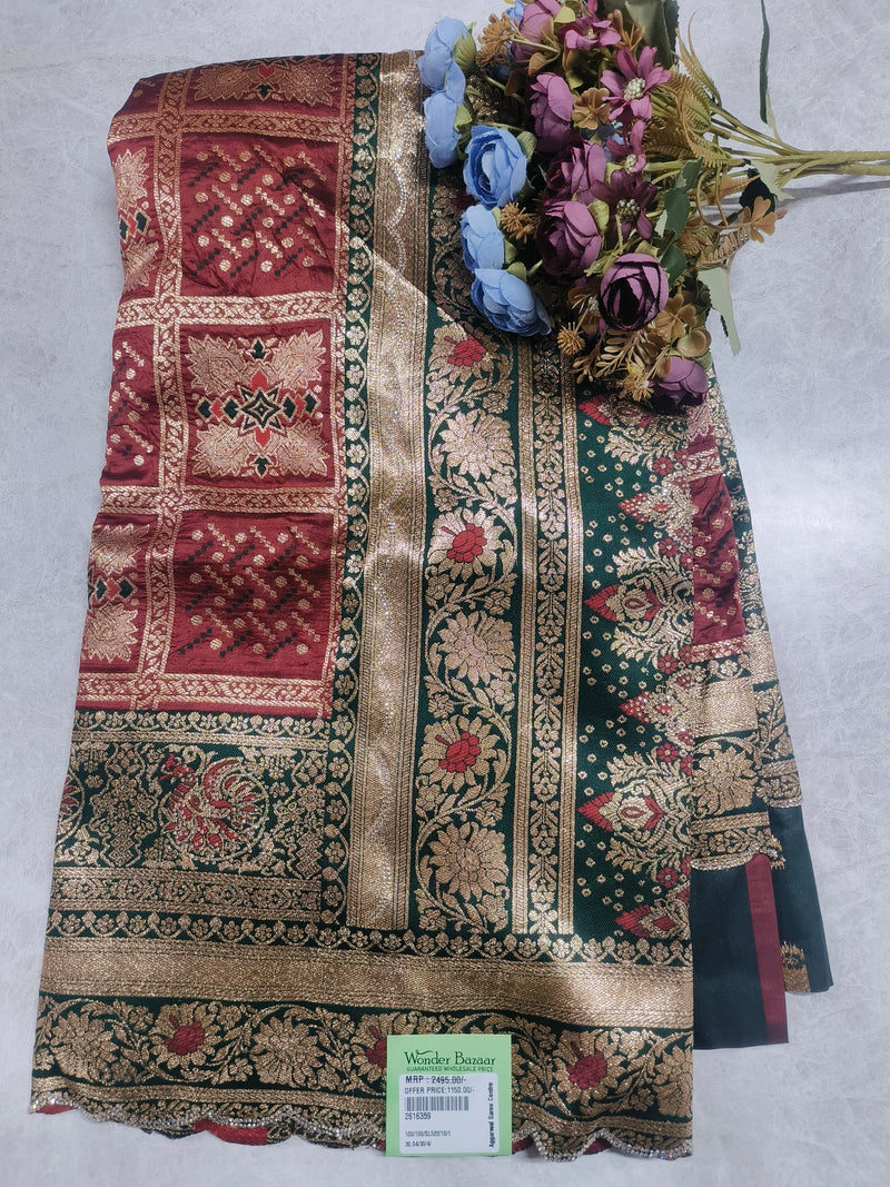 Traditional Maroon and Forest Green Art Silk Saree with Zari Patola Print