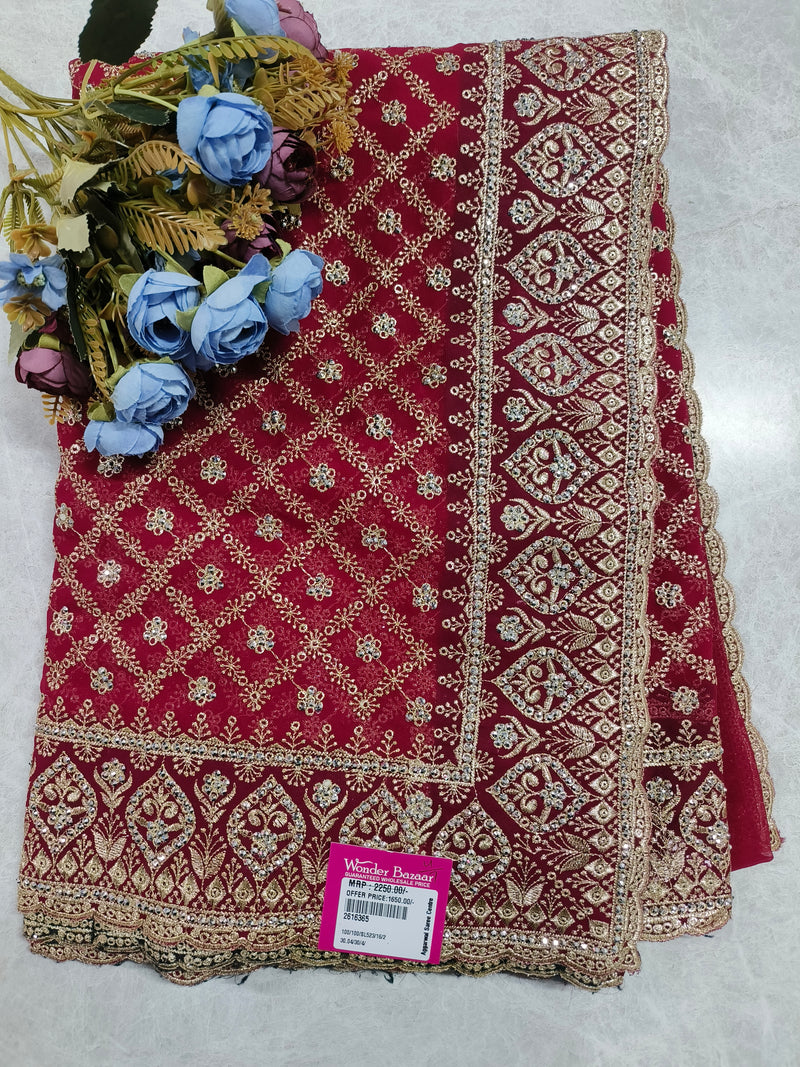 Radiant Crimson Red Georgette Saree with Heavy Gold Stonework