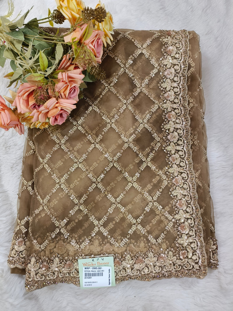 Elegant Bronze Gold Net Saree with Sequin Lattice and Scalloped Border