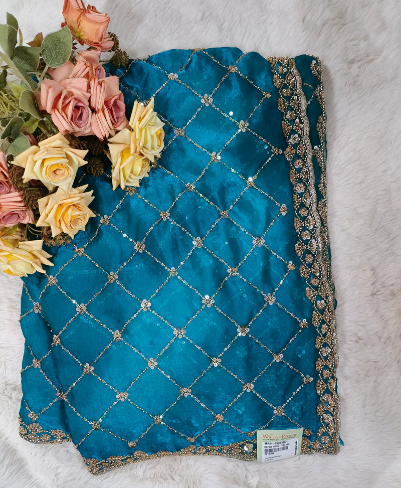 Radiant Teal Blue Fancy Georgette Saree with Gold Sequin Lattice Work
