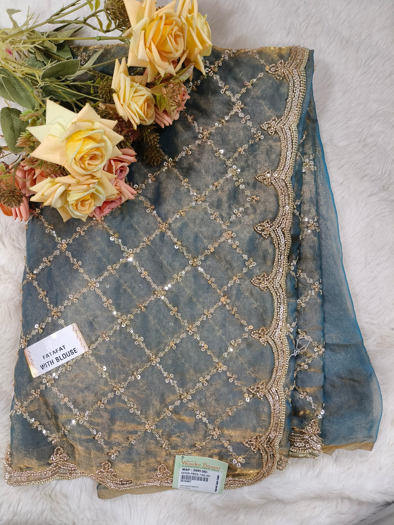 Radiant Teal Blue Fancy Georgette Saree with Gold Sequin Lattice Work