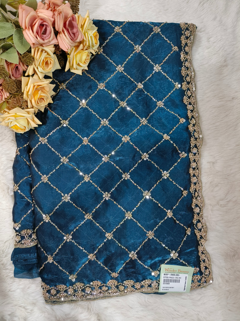 Radiant Teal Blue Fancy Georgette Saree with Gold Sequin Lattice Work