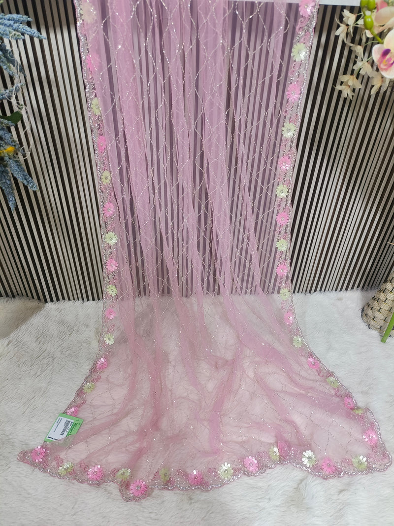 Graceful Baby Pink Net Saree with Floral Sequin Border and Glitter Lattice