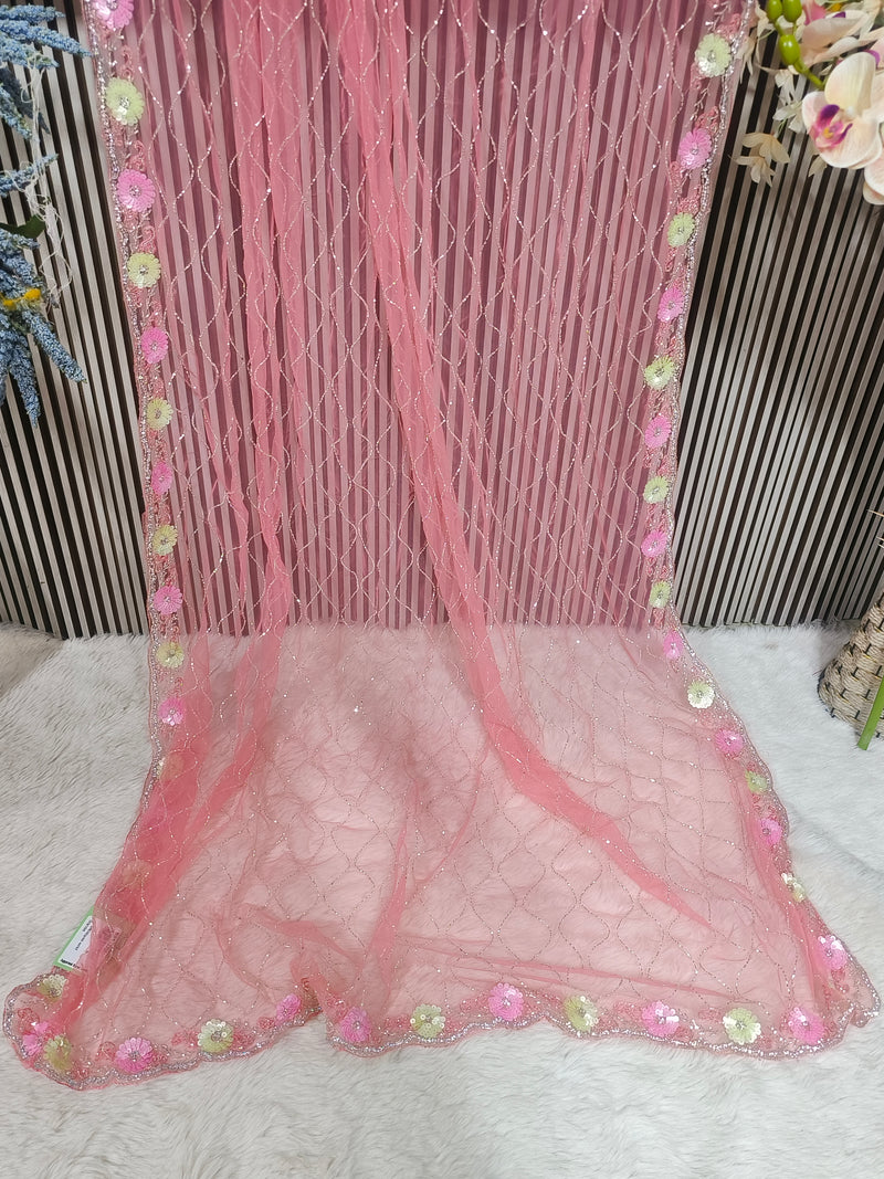 Graceful Baby Pink Net Saree with Floral Sequin Border and Glitter Lattice