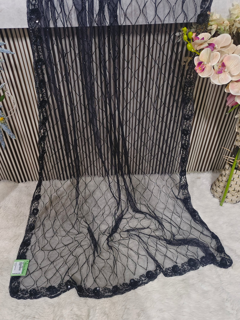 Graceful Baby Pink Net Saree with Floral Sequin Border and Glitter Lattice